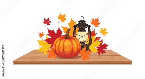 Plump orange pumpkin sits beside rustic vintage metal lantern on textured wooden board amidst scattered autumn maple leaves in cozy seasonal outdoor setting.