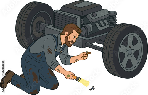 Mechanic repairing a car engine with a flashlight in a garage