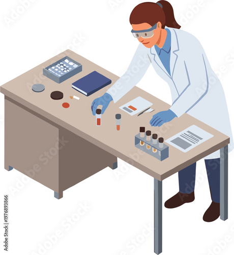 A scientist in a lab coat works on a table with test tubes and equipment.