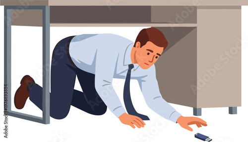 Man crawling under desk to pick up fallen phone in office