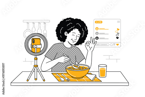 Woman Eating Food During Live Stream at Home