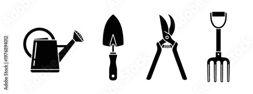 Collection of essential gardening tools, including a watering can, trowel, pruning shears, and a fork, depicted in a clean black and white illustration