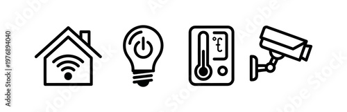 Smart Home Technology Icons Wi-Fi, Light Bulb, Thermometer, and Security Camera