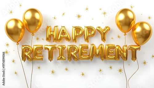 A happy retirement celebration with golden balloons and stars on a white background