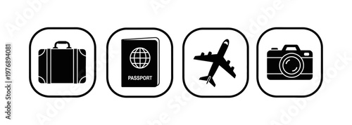 Collection of travel icons including luggage, passport, airplane, and camera for vacation and adventure planning