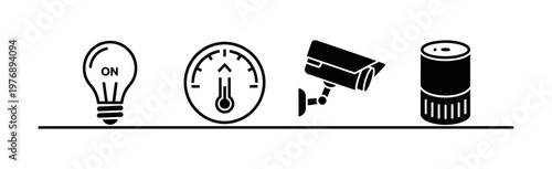 Icons representing smart home technology, including a light bulb, thermometer, security camera, and smart speaker for enhanced convenience and control