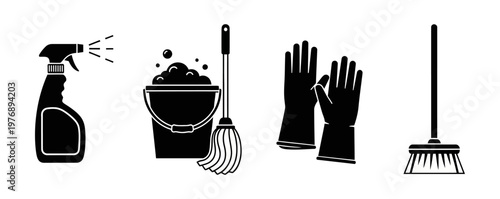 Vector icons of essential cleaning tools spray bottle, bucket, mop, gloves, broom. Black silhouettes for home maintenance and hygiene tasks