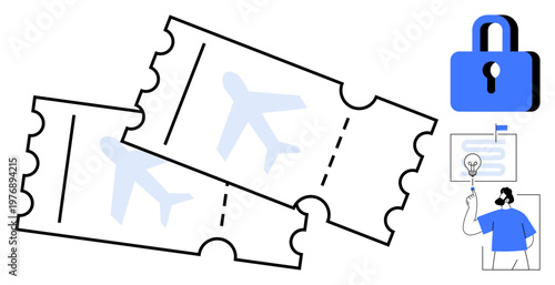 Travel security, online booking, ticket verification, customer support, digital access, cybersecurity, authentication. Two airplane tickets a lock icon and an agent with a headset. Travel security