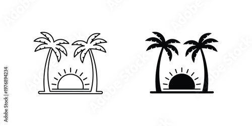 Two palm trees and rising sun in outline and solid black styles set