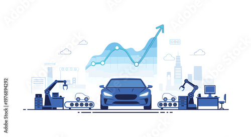 Blue car sits centrally in automated factory with robotic arms and computer workstation under rising trend line chart in bright professional digital setting.