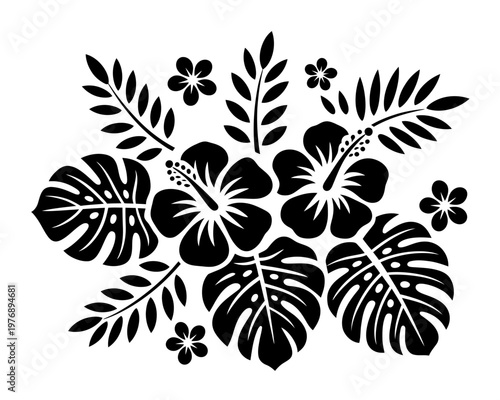 Monstera leaves seamless pattern black and white stencil illustration for home decor and design