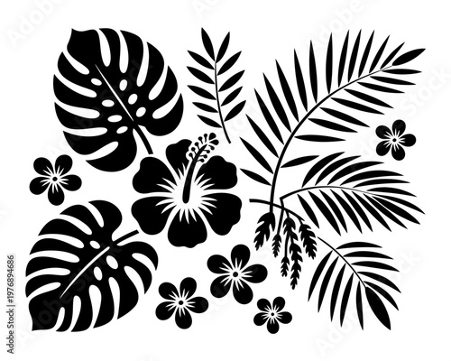 Black and White Tropical Monstera and Hibiscus Leaves Seamless Pattern Illustration