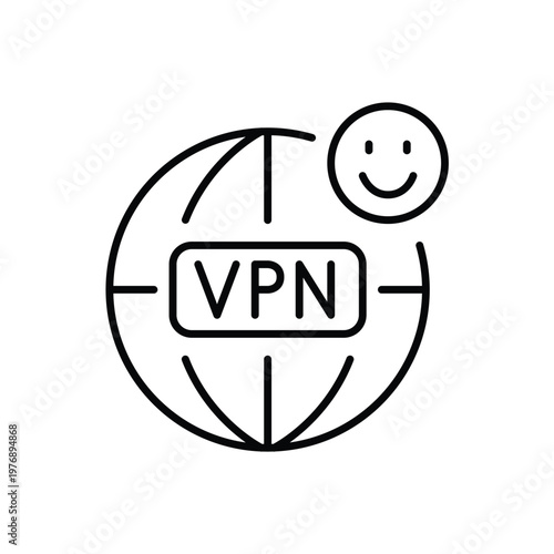 VPN, earth globe and smiley face. User-friendly interface, customer positive reviews for finances and banking. Approved and trusted accounts. Pixel perfect, editable stroke vector icon