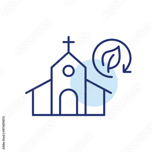 Catholic church, leaf and renew arrow. Sustainable worship place. Pixel perfect, editable stroke vector icon