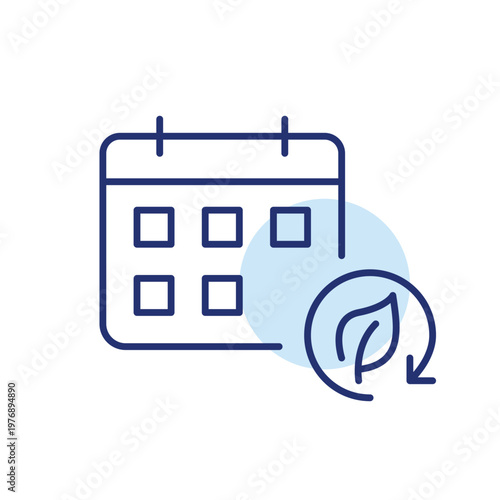 Calendar, leaf and renew arrow. Ecology events planning and date. Pixel perfect, editable stroke vector icon