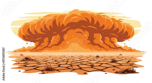 Violent orange mushroom cloud explosion erupts over a parched and cracked desert landscape filled with scattered rocks and sparse dry brush under sunlight.