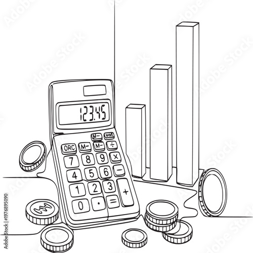 Calculator with coins and growing bar chart illustrating financial growth and investment concept