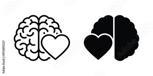 Black and white brain and heart outline and silhouette styles set