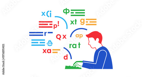 Man with red hair working on computer with mathematical equations floating above