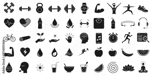 Fitness icons illustrate various exercise and health related objects and actions in a gym