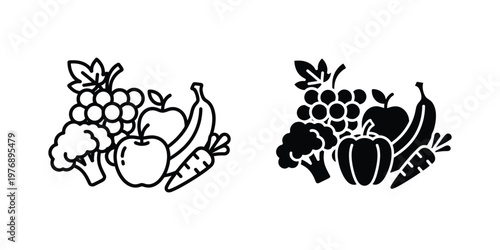 Black and white outline and silhouette of mixed fruits and vegetables set