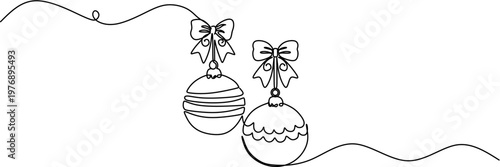 Continuous one line drawing of Christmas baubles with ribbons, minimalist holiday ornaments decoration