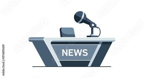 News desk with microphone and chair for broadcasting or journalism purposes in a studio