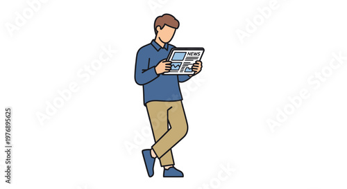 Man reading newspaper while standing casual outfit blue shirt brown hair relaxed mood