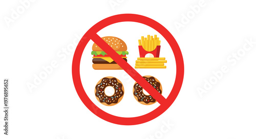 Large red prohibition sign overlays a delicious hamburger with fries and sweet chocolate donuts inside a clean white environment with a soft pastel backdrop.