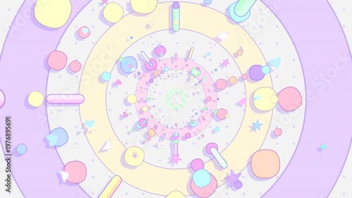 Colorful circles, rounded lines, stars, and rings on white dotted background motion graphics. (loop)
