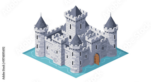 Majestic grey stone castle with four tall towers and a protective water moat stands in an isometric view isolated against a bright plain white background.