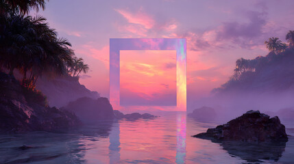 Foto auf Acrylglas Aubergine Dreamy tropical cliffside landscape in holographic frame with pastel sunset surreal design  © Davy