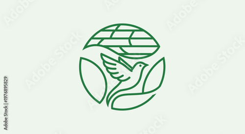 A green line drawing of a bird flying out of a globe with leaves