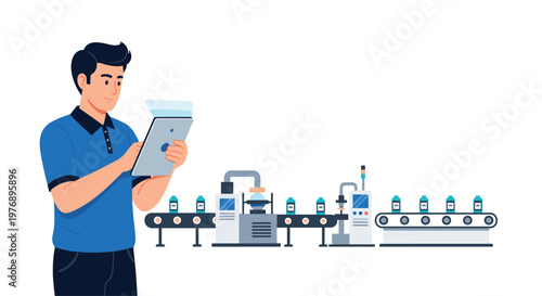 Focused operator in a blue polo shirt manages an automated bottling conveyor belt system within a pristine industrial facility under bright ambient lighting.