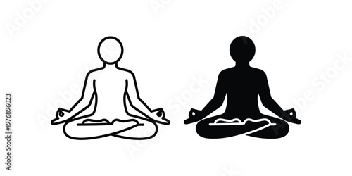 Black and white yoga meditation pose sitting human figures set