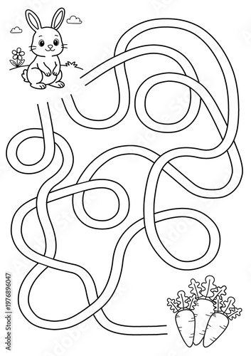Maze activity sheet for children. Cute maze for kids. Kids labyrinth puzzle. Black and white maze puzzle game for children with illustration of rabbit and carrot.