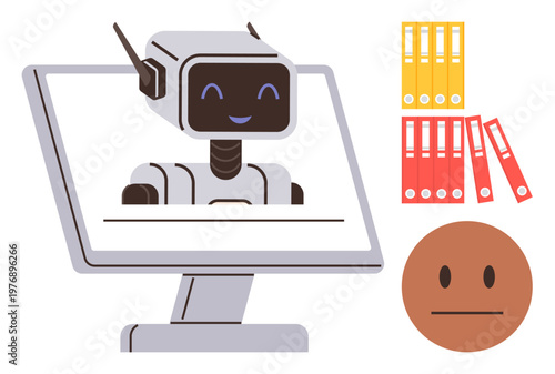 Artificial intelligence, automation, digital organization, file management, data processing, customer service. Robot on screen beside folders and face icon. Artificial intelligence and automation