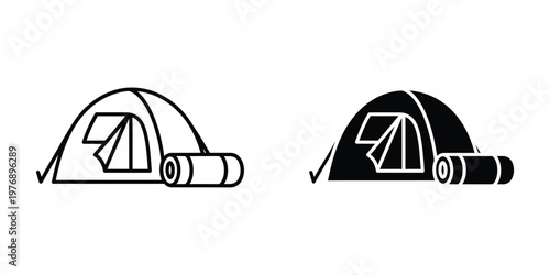 Camping tent and rolled sleeping bag black and white set