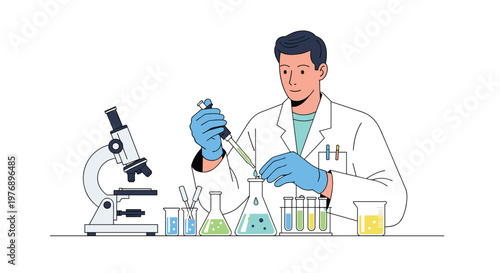 Professional male researcher meticulously performs a precise chemical experiment using a micropipette and glass equipment in a bright sterile laboratory.
