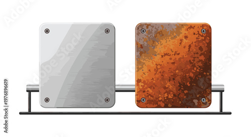 Two contrasting square metal plates featuring a clean polished surface and a heavily oxidized rusted texture are mounted on a sturdy horizontal metal rack.