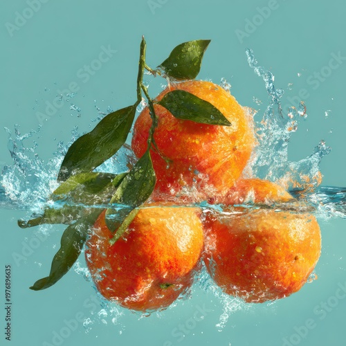 Fresh Orange Fruits with Green Leaves Splashing Water in Bright Background