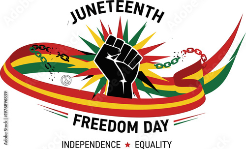 Juneteenth Freedom Day vector illustration with raised fist, broken chains, and doves on a Pan-African ribbon design