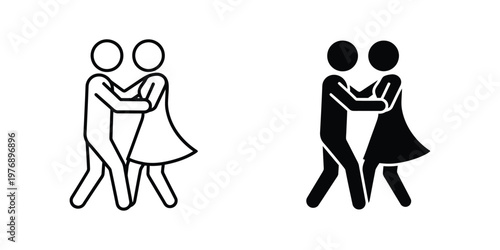 Couple dancing stick figure in outline and solid styles set