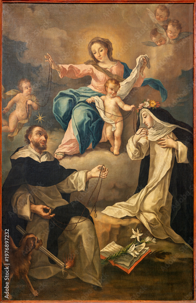 Fototapeta premium Positano - The painting of Madonna with the St. Dominic and St. Rose of Lima in Cathedral Santa Maria Assunta by unknown artist from year 1795