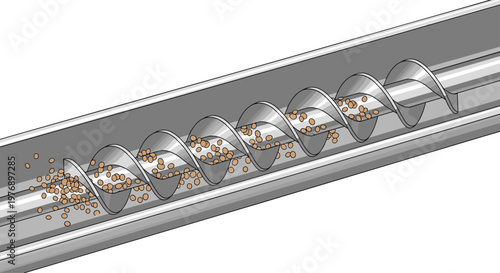 A detailed view of a rotating auger screw conveyor mechanism efficiently transporting small brown granular particles through a sturdy metal tube system.