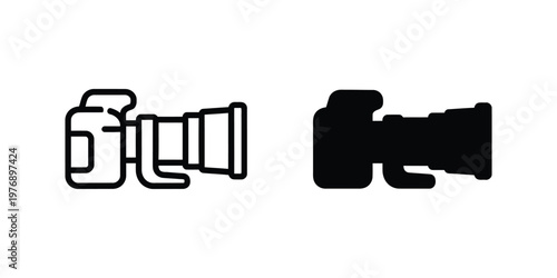 Dslr camera with telephoto lens, outline and solid black styles set