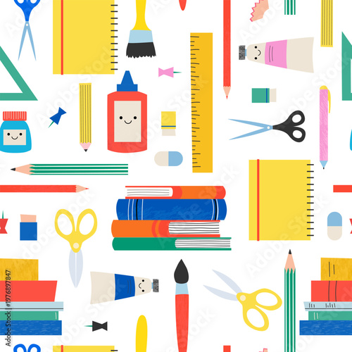 Back to School Seamless Pattern Kids School Supplies Cute Stationery Background Education Flat Design