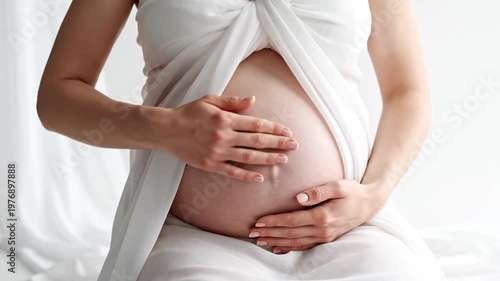 Close-up of a Pregnant Woman in White Gently Stroking Her Belly in a Bright Studio