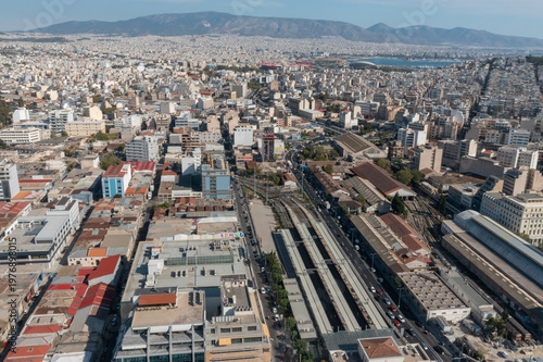 Aerial view of Athens central train station and surrounding cityscape, Greece
