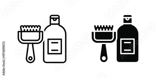 Hair dye bottle and applicator brush outline and solid styles set